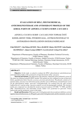 Hplc, Phytochemical, Anticholinesterase and Antioxidant Profiles of the Aerial Parts of Asperula Taurina Subsp