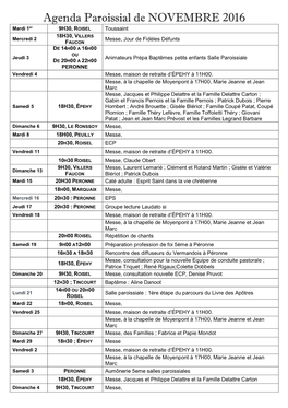 Agenda Paroissial De NOVEMBRE 2016