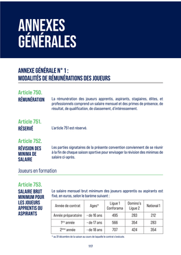 Annexe Générale N° 1 : Modalités De Rémunérations Des Joueurs