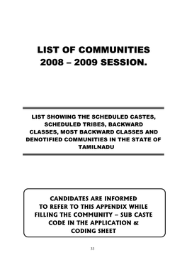 List of Communities 2008 ––– 2009 Session