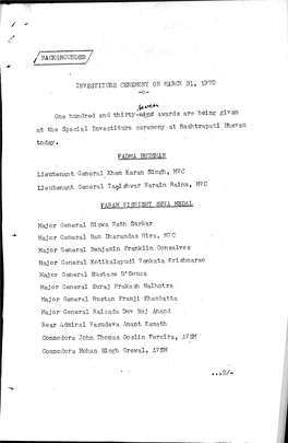 BACKGROUI\TDER/ INVESTITURE CEREMONY on MARCH 317 1972 One Hundred and Thirty-N Awards Are Being Given at the Special Investit