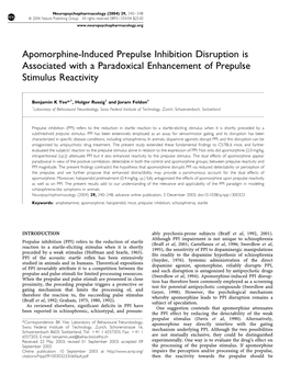 Apomorphine-Induced Prepulse Inhibition Disruption Is Associated with a Paradoxical Enhancement of Prepulse Stimulus Reactivity