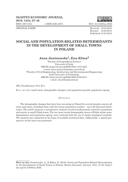 Social and Population-Related Determinants in the Development of Small Towns in Poland