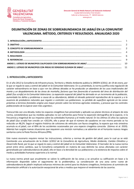 Delimitación De Zonas De Sobreabundancia De Jabalí En La Comunitat Valenciana. Método, Criterios Y Resultados. Anualidad 2020