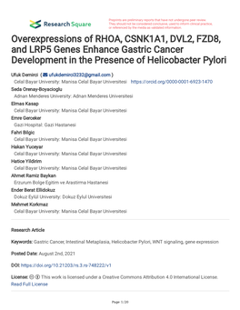 Overexpressions of RHOA, CSNK1A1, DVL2, FZD8, and LRP5 Genes Enhance Gastric Cancer Development in the Presence of Helicobacter Pylori