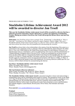 Stockholm Lifetime Achievement Award 2012 Will Be Awarded to Director Jan Troell