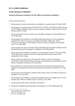 P6 TA-PROV(2008)0364 on the Situation in Zimbabwe