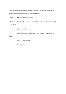 Title: the Transport System As Determinant of Patterns of Linkages and Multipliers: a Multi-Regional Input-Output Model for São Paulo's Roads