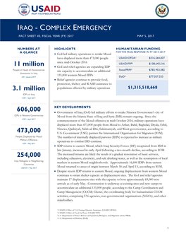 Iraq - Complex Emergency Fact Sheet #3, Fiscal Year (Fy) 2017 May 5, 2017