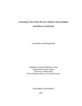 Popular Cinema, Religion and Politics in South India Uma Maheswari Bhrugubanda Submitted In