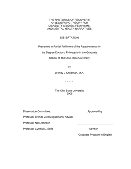 The Rhetorics of Recovery: an (E)Merging Theory for Disability Studies, Feminisms, and Mental Health Narratives