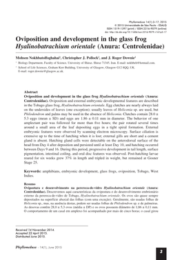 Oviposition and Development in the Glass Frog Hyalinobatrachium Orientale (Anura: Centrolenidae)