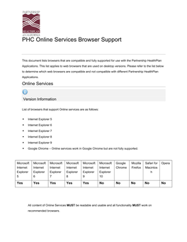 PHC Online Services Browser Support