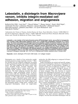 Lebestatin, a Disintegrin from Macrovipera Venom, Inhibits Integrin-Mediated Cell Adhesion, Migration and Angiogenesis