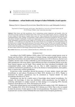 Greenhouses – Urban Biodiversity Hotspot of Alien Oribatida (Acari) Species