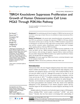 TBRG4 Knockdown Suppresses Proliferation and Growth of Human Osteosarcoma Cell Lines MG63 Through PI3K/Akt Pathway