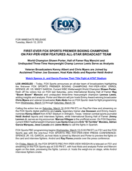 First-Ever Fox Sports Premier Boxing Champions on Pay-Per-View Features All-Star Broadcast Team