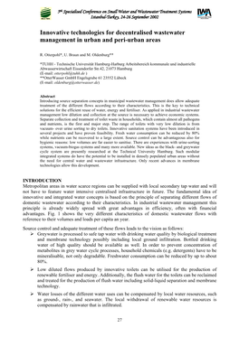 Innovative Technologies for Decentralised Wastewater Management in Urban and Peri-Urban Areas