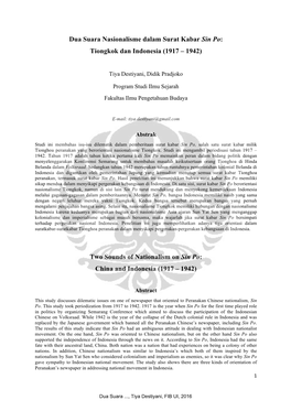 Dua Suara Nasionalisme Dalam Surat Kabar Sin Po: Tiongkok Dan Indonesia (1917 – 1942)