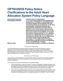 OPTN/UNOS Policy Notice Clarifications to the Adult Heart Allocation System Policy Language