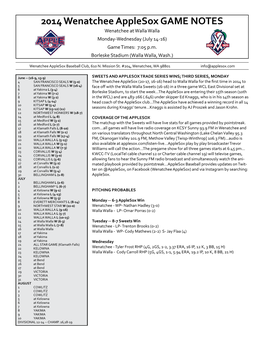 2014 Wenatchee Applesox GAME NOTES Wenatchee at Walla Walla Monday-Wednesday (July 14-16) Game Times: 7:05 P.M