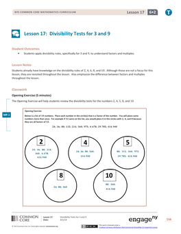 Lesson 17: Divisibility Tests for 3 and 9