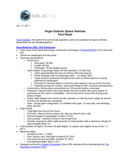 Virgin Galactic Space Vehicles Fact Sheet