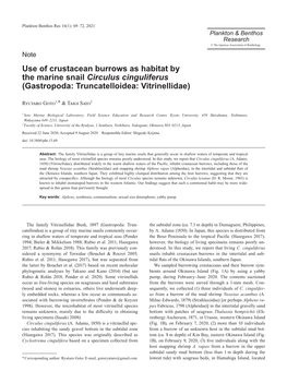 Use of Crustacean Burrows As Habitat by the Marine Snail Circulus Cinguliferus (Gastropoda: Truncatelloidea: Vitrinellidae)