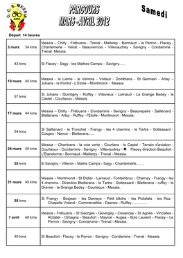 Frébuans - Trenal - Mallerey - Bonnaud – Le Perron - Flacey - 3 Mars 34 Kms Chantemerle - Vériat - Beauvernois - Villevaudrey - Savigny - Condamine - Trenal Messia