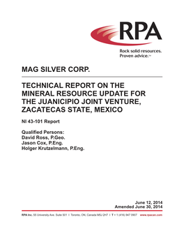 Mag Silver Corp. Technical Report on the Mineral Resource Update for The