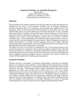 Grapevine Nutrition- an Australian Perspective Rachel Ashley Foster’S Wine Estates Americas 1000 Pratt Ave, St Helena CA 94574 Rachel.Ashley@Am.Fostersgroup.Com