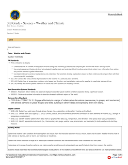 3Rd Grade - Science - Weather and Climate Unit: Science , Grade(S) 3