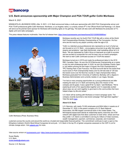 U.S. Bank Announces Sponsorship with Major Champion and PGA TOUR Golfer Collin Morikawa