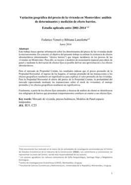 Variación Geográfica Del Precio De La Vivienda En Montevideo: Análisis De Determinantes Y Medición De Efecto Barrios