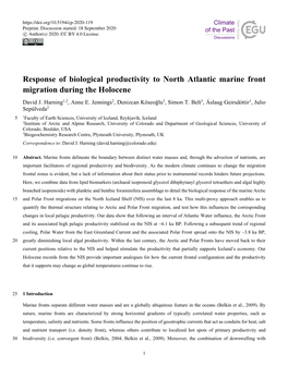 Response of Biological Productivity to North Atlantic Marine Front Migration During the Holocene David J