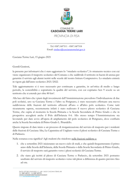 Casciana Terme Lari, 15 Giugno 2021 Gentili Genitori, La Presente Per