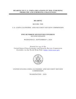 Hearing on Us-China Relations in 2020