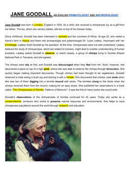 Jane Goodall,An English Primatologist and Anthropologist