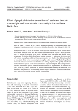 Effect of Physical Disturbance on the Soft Sediment Benthic Macrophyte and Invertebrate Community in the Northern Baltic Sea