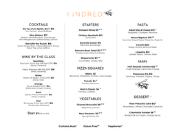 Cocktails Wine by the Glass Starters Pizza Squares Vegetables Pasta Main Dessert​ ​V