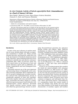 In Vitro Cytotoxic Activity of Salsola Oppositifolia Desf. (Amaranthaceae) in a Panel of Tumour Cell Lines Rosa Tundis*, Monica R