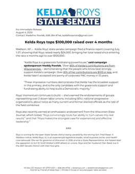 Kelda Roys Tops $100,000 Raised Over 4 Months