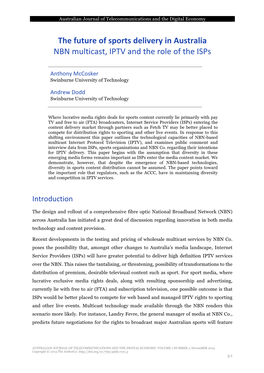 The Future of Sports Delivery in Australia NBN Multicast, IPTV and the Role of the Isps