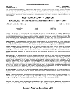 MULTNOMAH COUNTY, OREGON $20,000,000 Tax and Revenue Anticipation Notes, Series 2005