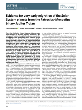 Evidence for Very Early Migration of the Solar System Planets from the Patroclus–Menoetius Binary Jupiter Trojan