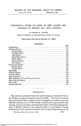 GEOLOGICAL NOTES on SOME of the COASTS and ISLANDS of BERING SEA and VICINITY {Read, Before the Society December 27, 1893) the N