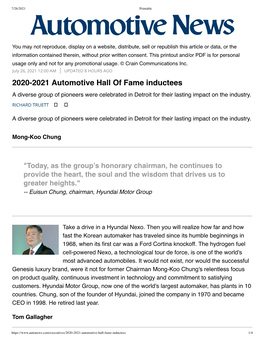2020-2021 Automotive Hall of Fame Inductees a Diverse Group of Pioneers Were Celebrated in Detroit for Their Lasting Impact on the Industry