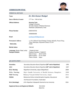 CURRICULUM VITAE : Dr. Shiv Kumar Mudgal