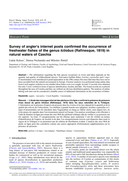 Survey of Angler's Internet Posts Conﬁrmed the Occurrence of Freshwater ﬁshes of the Genus Ictiobus (Raﬁnesque, 1819) in Natural Waters of Czechia