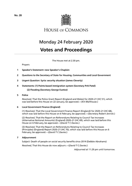 Votes and Proceedings for 24 Feb 2020